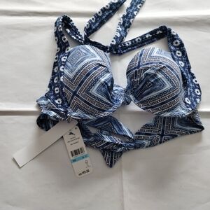 Blue and White Geometric Bikini Top